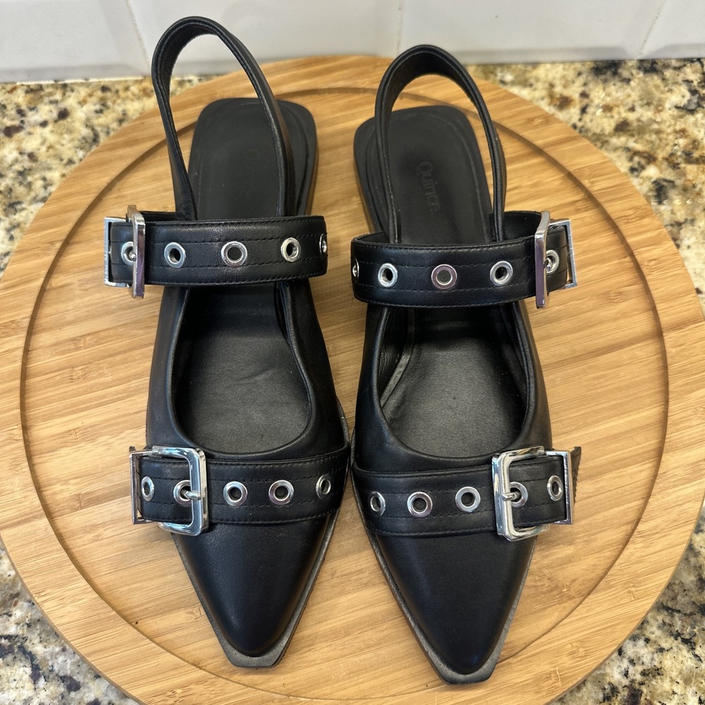 Quince Italian Leather Bold Buckle Slingback Flat Shoes Womens Size 7 Black